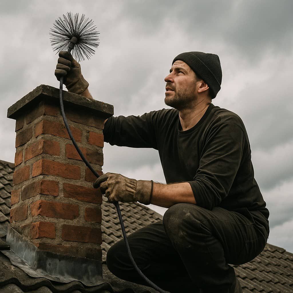 Chimney sweep technician with a flue brush on a rooftop in the Twin Cities