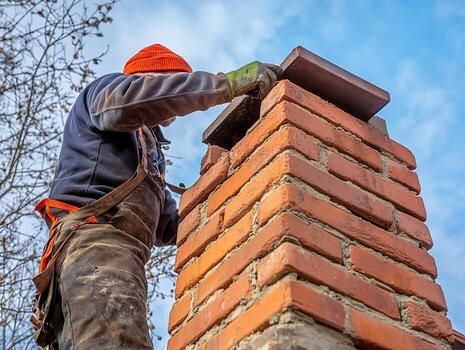 Mason repairing the crown and top courses of a brick chimney in Minneapolis