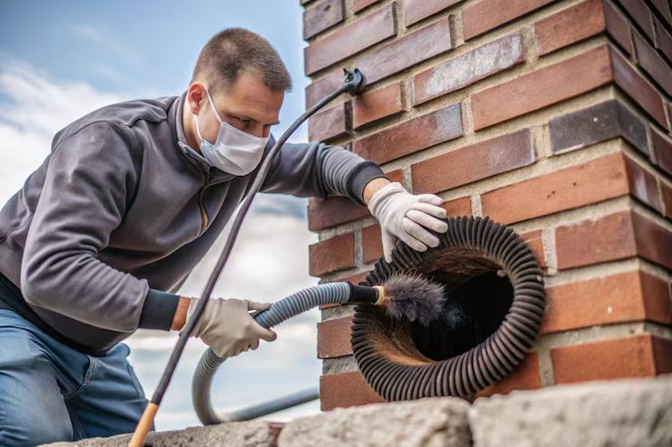 Chimney technician vacuuming a flue during a liner service in Minneapolis
