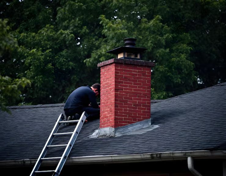 Technician inspecting a red brick chimney and flashing on a Minneapolis rooftop