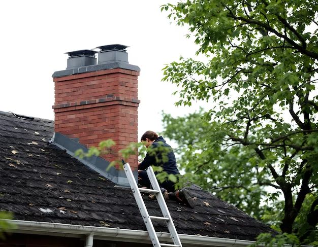 Rebuilt red brick chimney with new caps on a Minneapolis roof
