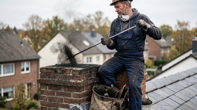 Professional chimney sweep brushing a chimney from the rooftop in Minneapolis
