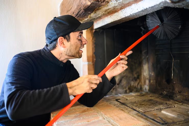 Chimney sweep cleaning a fireplace flue with a rotary brush in a Minneapolis home